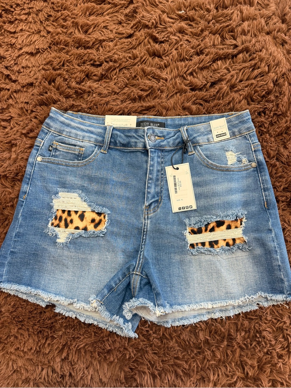 Judy Blue Faded Blue Denim Shorts with Leopard Patch